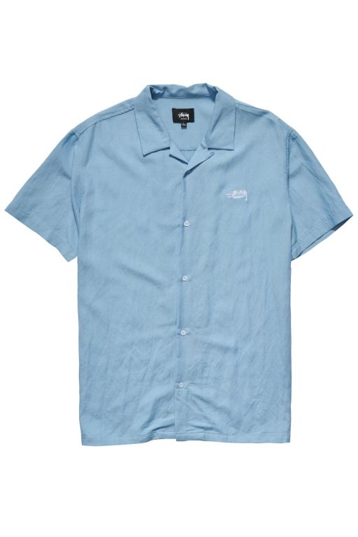 Stussy Mens Designs Linen SS Shirts Blue - UODVI8241